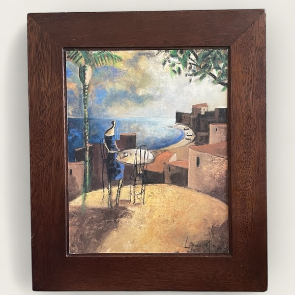 Didier Lourenco Village Seascape Wood Framed Art Print 13.5" x 11" One Of 4 - Picture 1 of 16